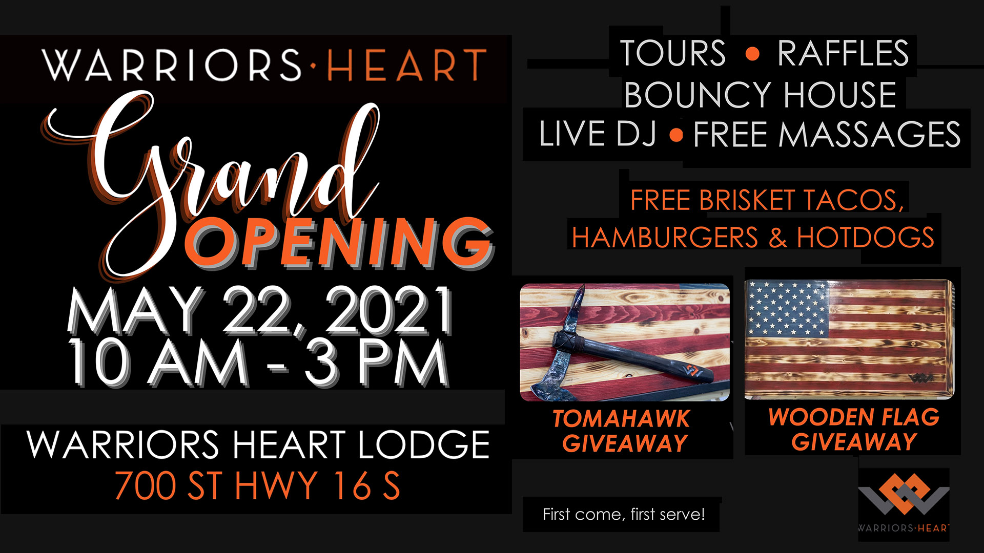 Warriors Heart will host the Warriors Heart Lodge Grand Opening on Saturday, May 22, 2021, 10:00am - 3:00pm CST on-site in sync with Mental Health Awareness Month (May), which is a free event.