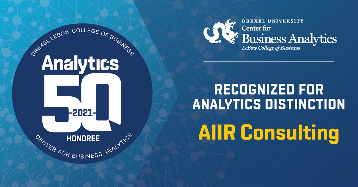 Official graphic honoring AIIR Consulting's spot on the Drexel LeBow Analytics 50