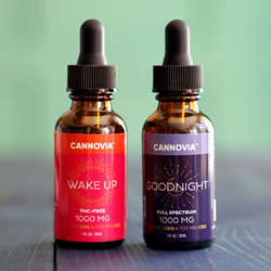 Alt=”Cannovia’s new 30ml bottles of issue-specific hemp products WAKE UP and GOODNIGHT”