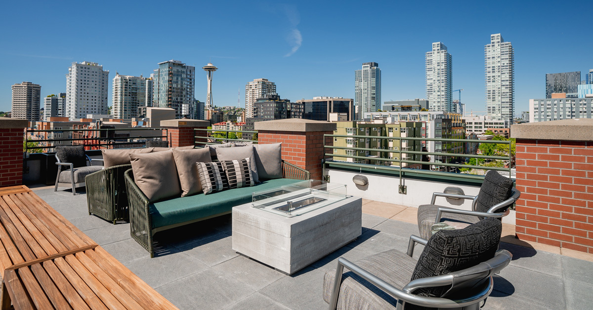 The rooftop terrace at The Goodwin Condominiums, with views of the Space Needle.