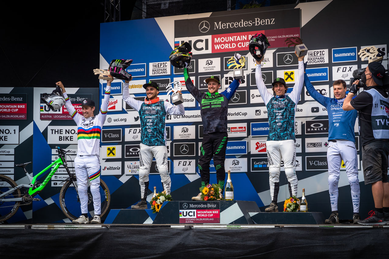 Monster Energy's Mountain Bike Athletes Troy Brosnan Takes First, Thibaut Daprela Takes Second, and Amaury Pierron Takes Third at UCI Mountain Bike World Cup Downhill Race in Leogang, Austria