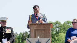 Cadet Gregory Hyson delivers the Valedictory Address for the Class of 2021. Hyson will attend Howard University in the fall.