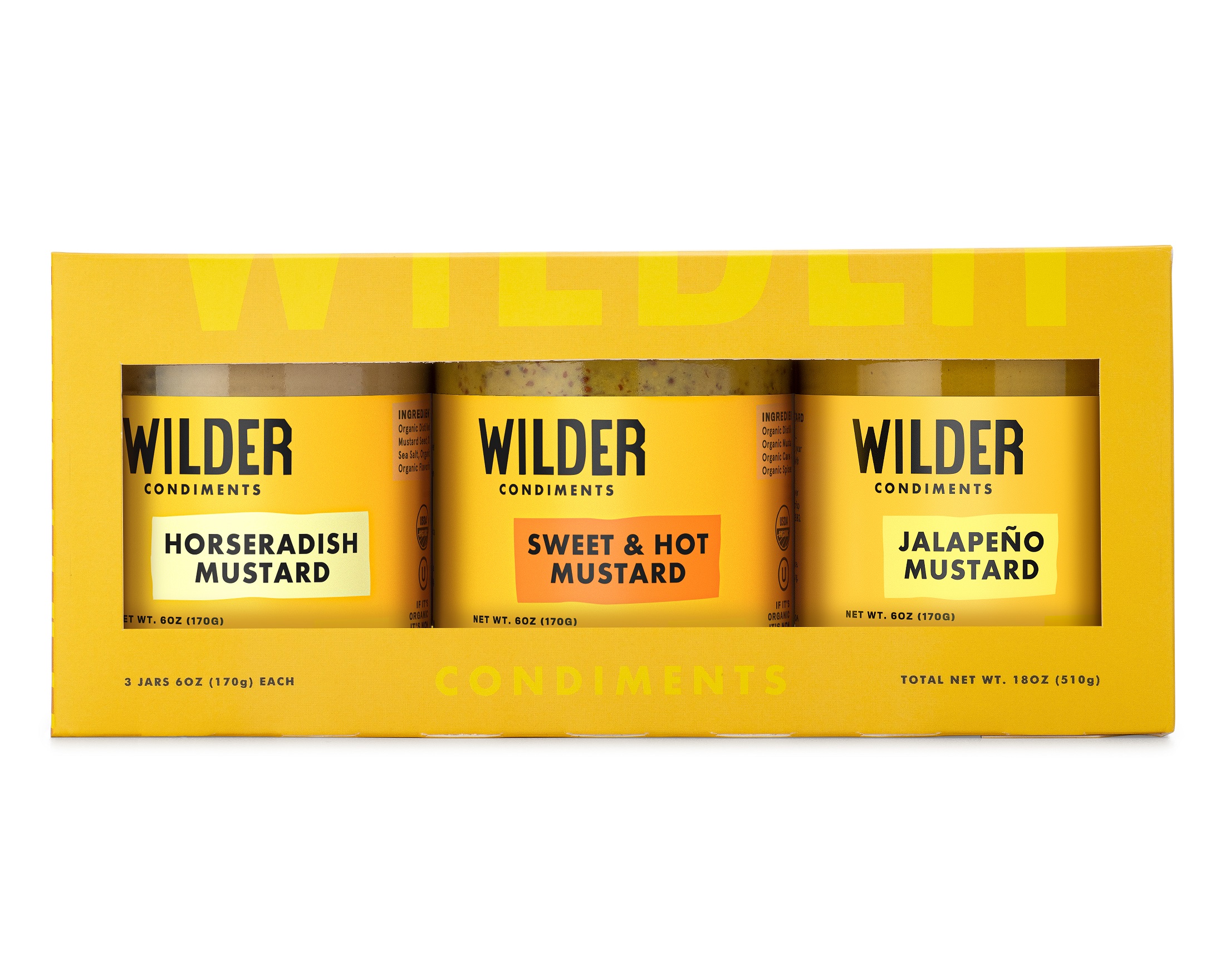 The Wilder flavor trio gift pack: Horseradish Mustard, Sweet & Hot Mustard and Jalapeño Mustard.