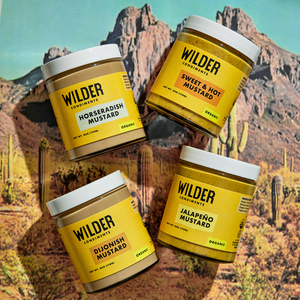 Wilder mustards in four bold and exciting flavors: Dijonish Mustard, Sweet & Hot Mustard, Jalapeño Mustard, and a new Horseradish Mustard.