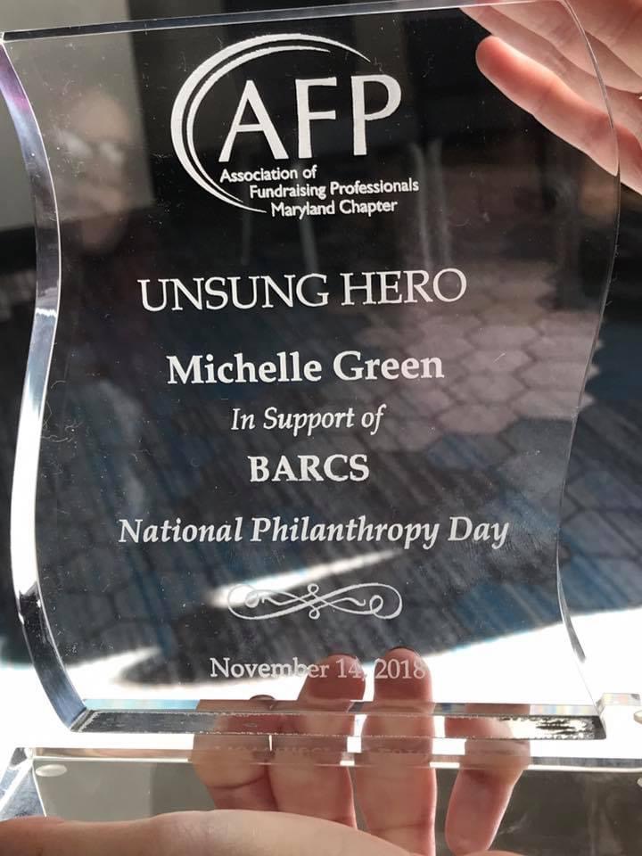 The Unsung Hero Award Michelle Received From the Association of Fundraising Professionals on National Philanthropy