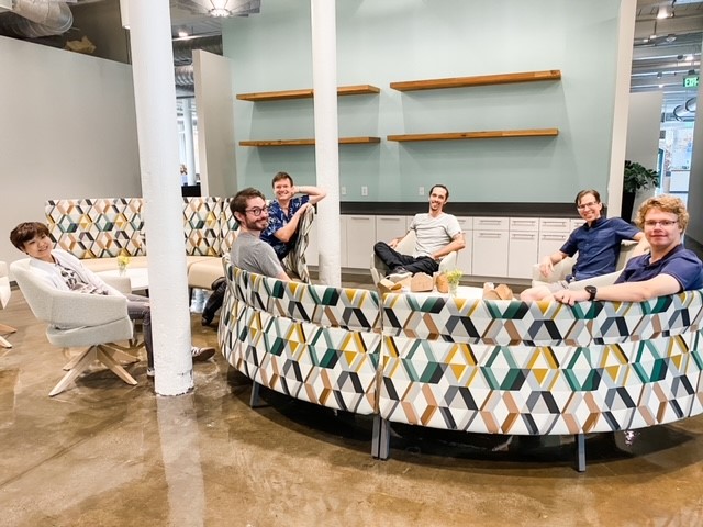 Members of the MetaMetrics engineering team hang out in one of the hub spaces for collaborating in our new offices in the Golden Belt in Durham.