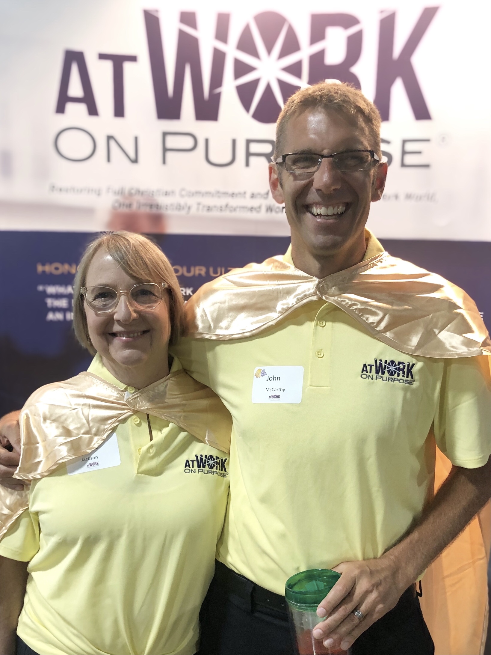 Laura Jackson, left, and John McCarthy of AWOP wear capes as a part of the “Heroes of the Faith” theme.