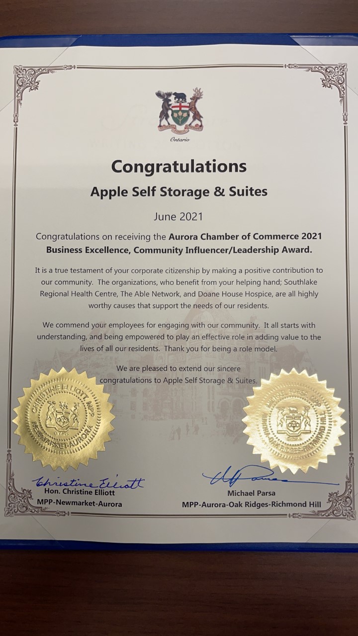Congratulatory Scroll Presented to Apple Self Storage & Suites