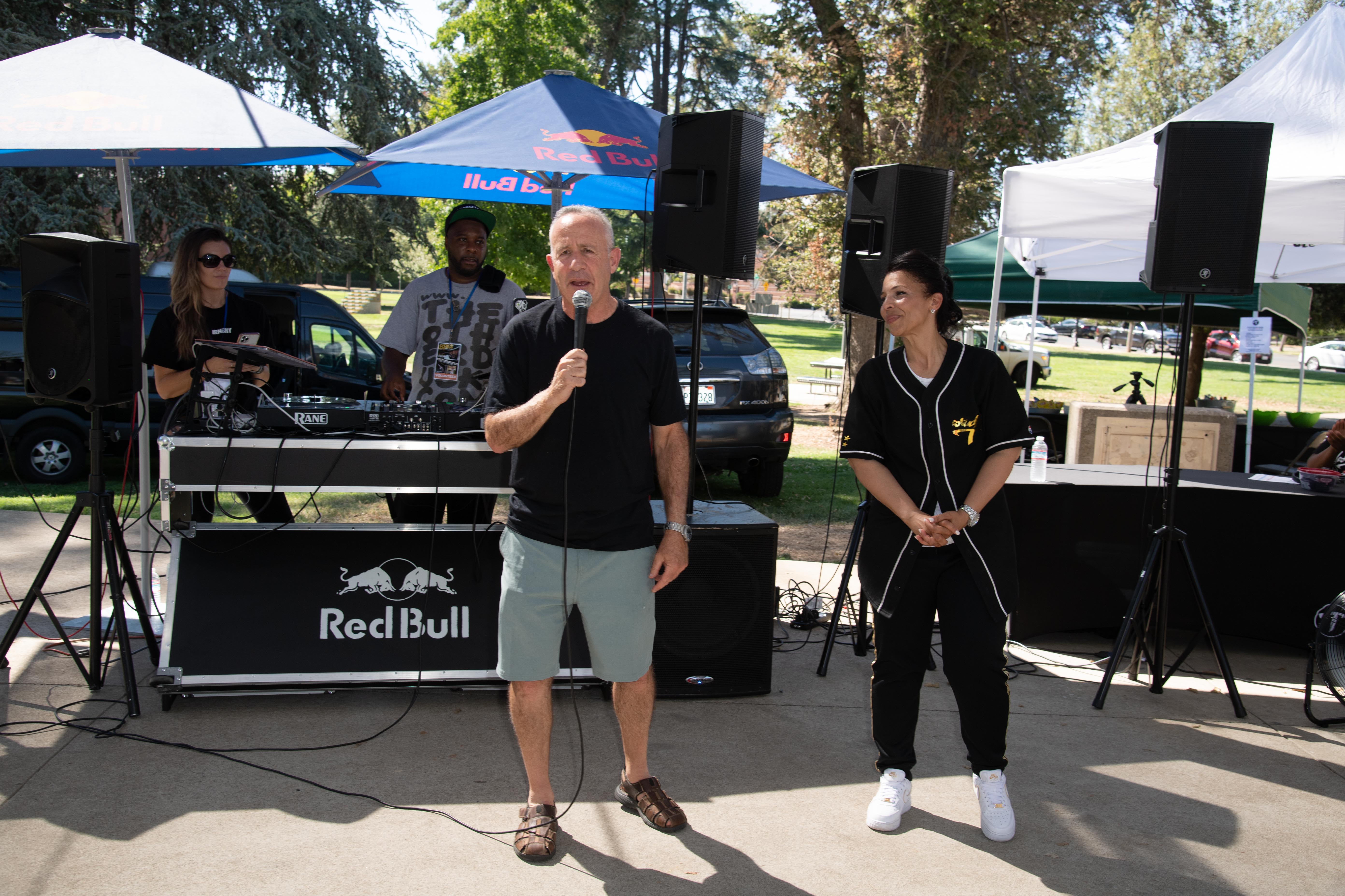 Mayor Darrell Steinberg and Tamaira "Miss Tee" Sandifer making opening remarks at Studio T Arts & Entertainment's Legends of Dance Workshop sponsored by Red Bull North America; Credit Earl Gibson III