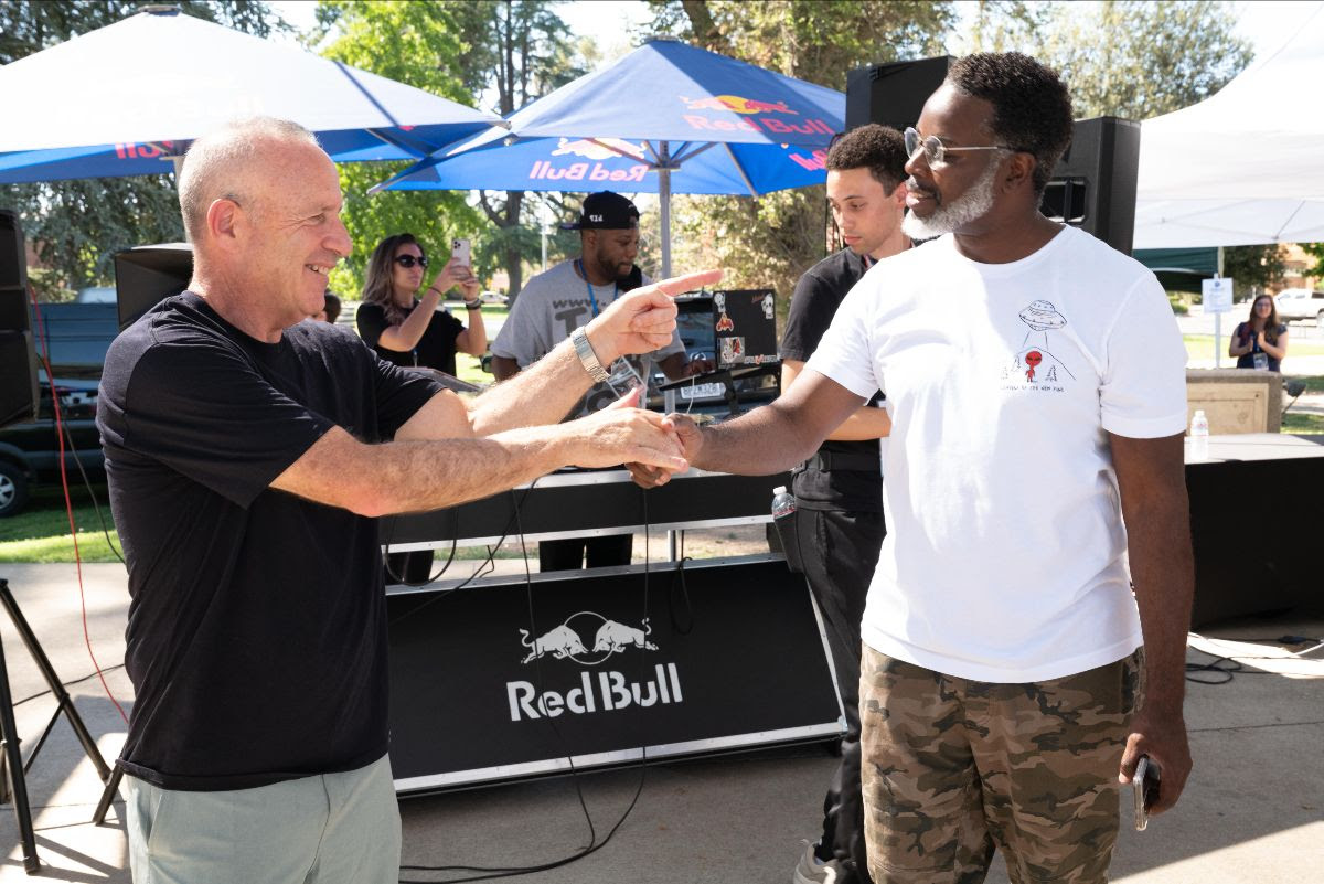 Mayor Darrell Steinberg greets Dance Icon Popin' Pete at Studio T Arts & Entertainment's Legends of Dance Workshop; Photo credit Earl Gibson III