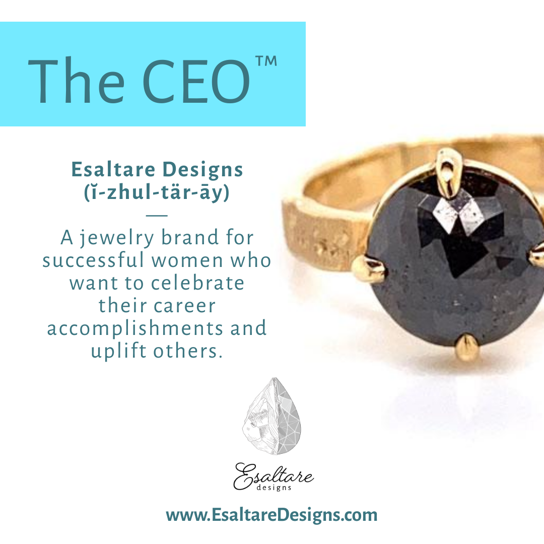 The CEO™ Ring // Handmade 14k Yellow Gold Wide Band Decorated with a Frosted and "Diamond Smash" Finish Topped with a 1.68 CT Rose Cut Faceted Black Diamond in the Center.
