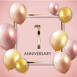 "1 Anniversary" on light pink background, surrounded by pink and gold balloons.