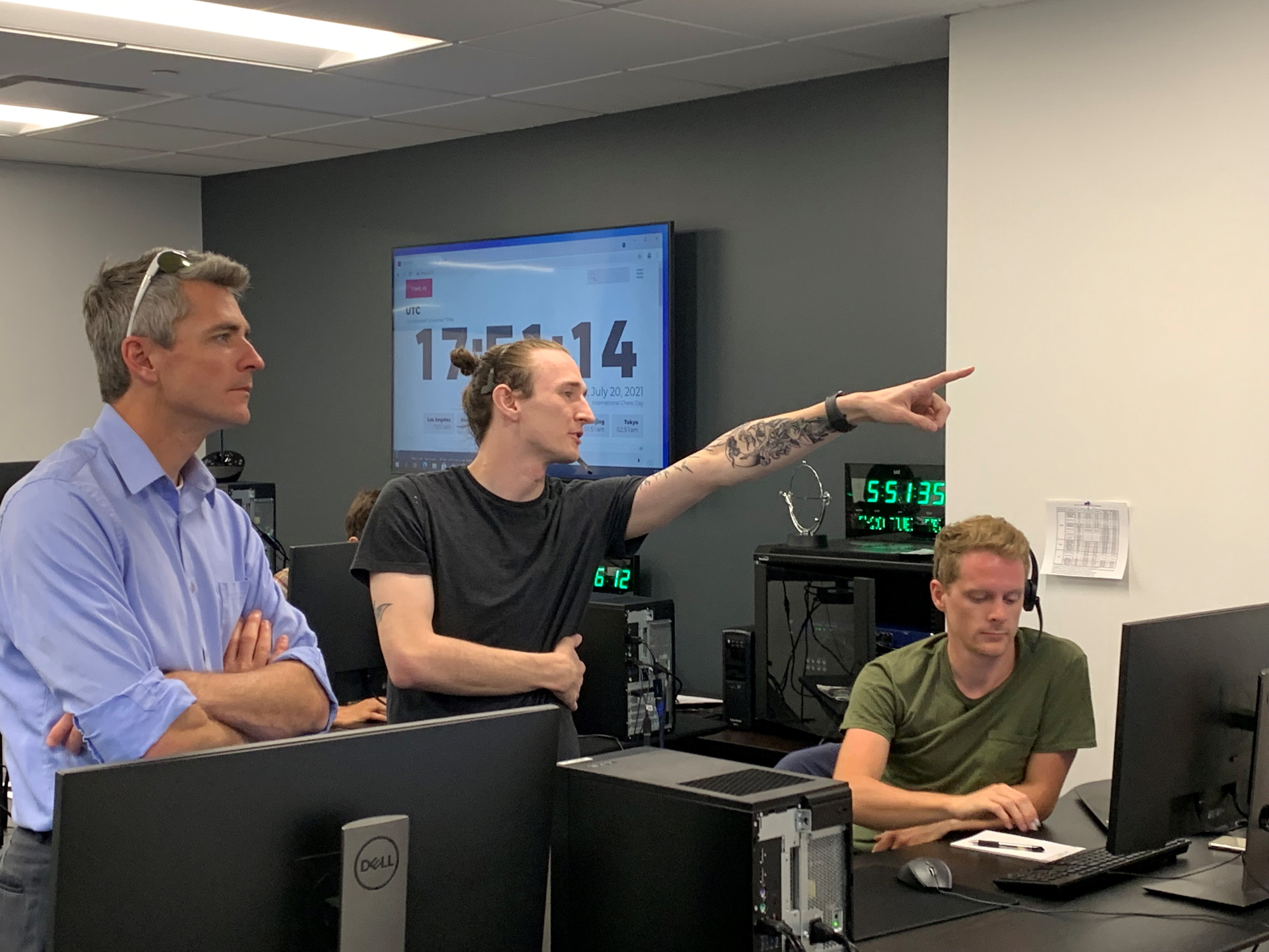 Advanced Space CTO, Jeff Parker (left), looks on with this team members, Connor Ott (middle) and Matt Bolliger (right), during CAPSTONE’s second Operational Readiness Test (ORT-2) in the new Advanced