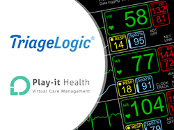 TriageLogic and Play-it Health business logos, coupled with a display of vital signs on an ICU monitor.