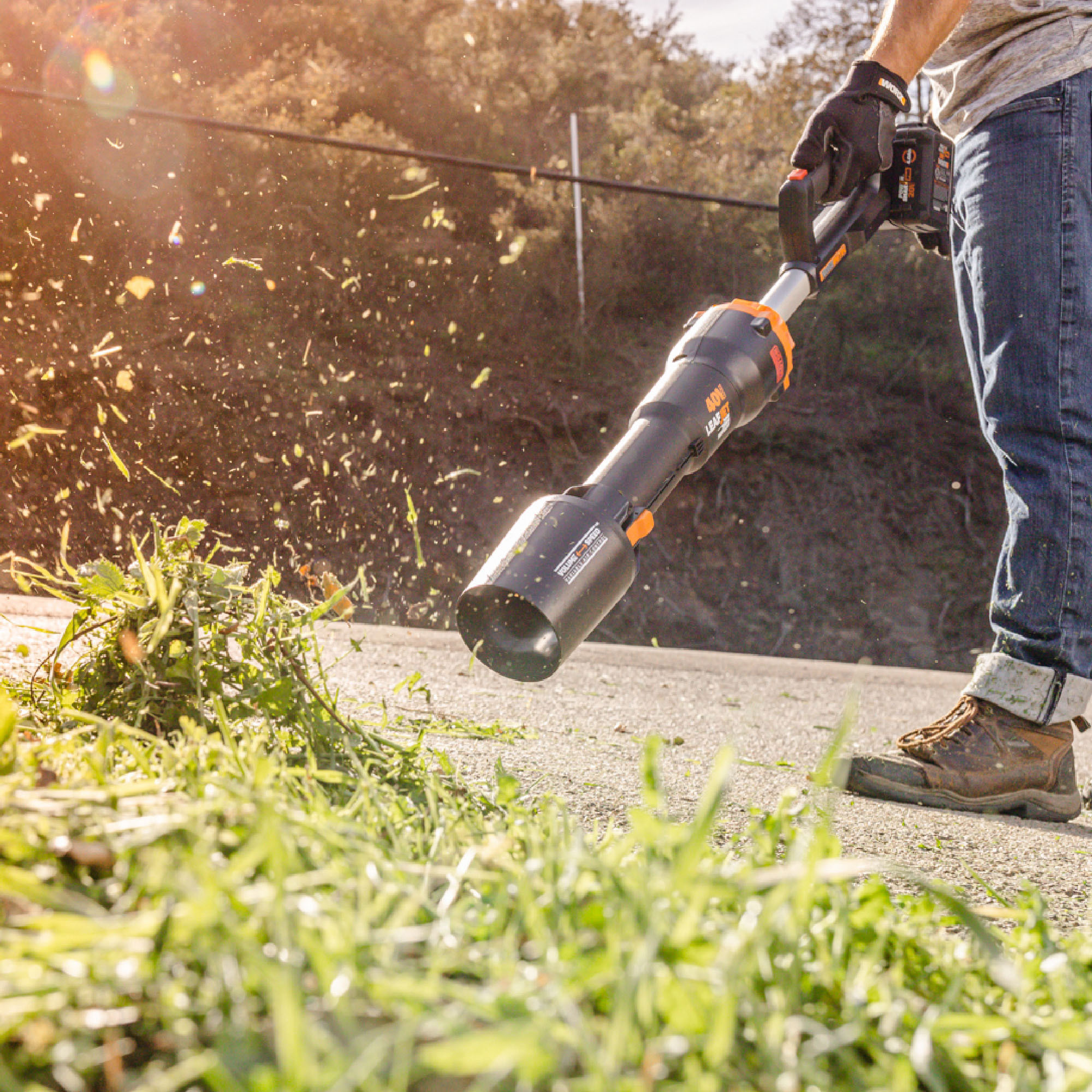 The WORX Nitro 40V Leafjet Blower enables homeowners to instantly choose between high air speed and high air volume to clear leaves and debris.