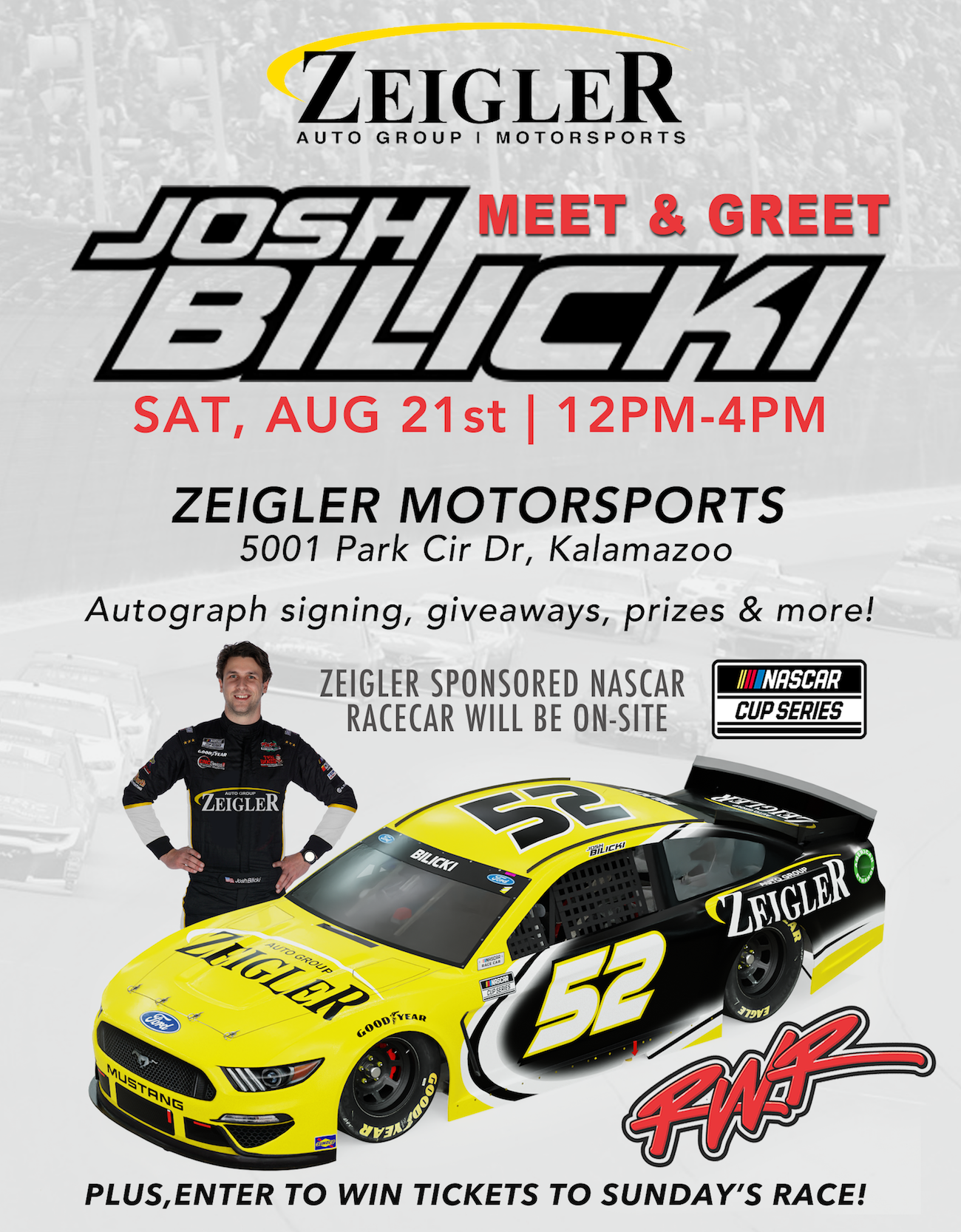 Zeigler to host official Meet & Greet for Josh Bilicki on Saturday, August 21, 2021 from noon to 4:00p.m. at Zeigler Motorsports