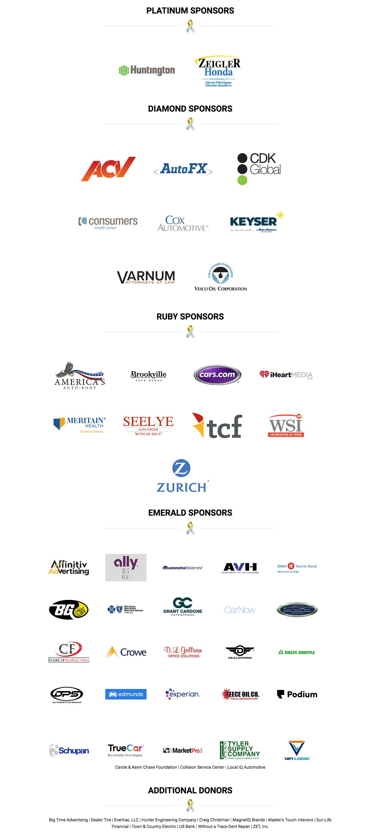 Platinum, Diamond, Ruby and Emerald Sponsors, and Additional Donors for the 39th Annual Drive for Life Charity Gala