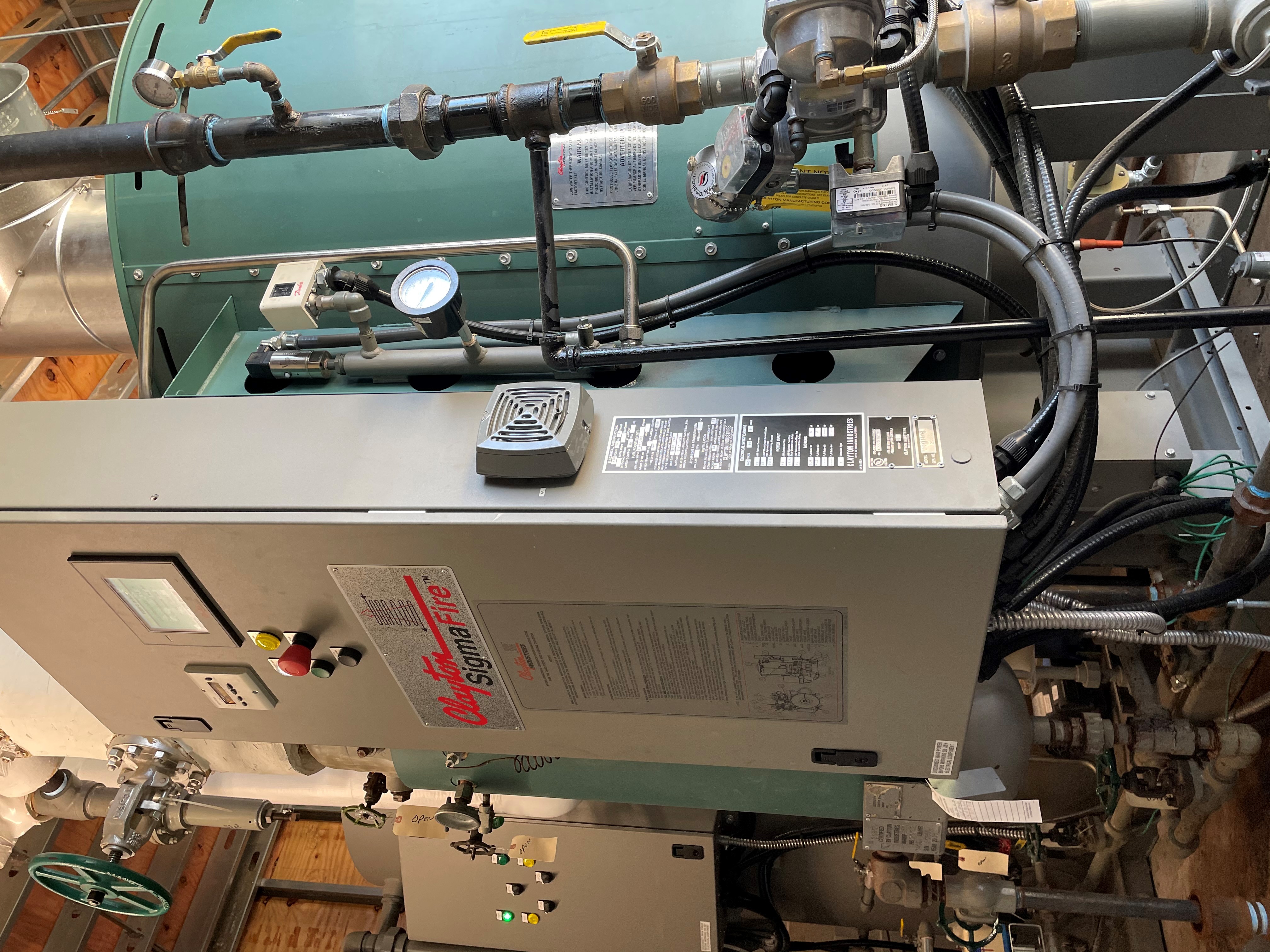 100 BHP Clayton steam generator with a 200 BHP feedwater skid. Frozen custard processing equipment is cleaned and sterilized via the Clayton Steam Generator after each batch is made.