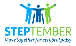 STEPtember logo featuring three figures: a light blue one standing on the left, a dark blue one using a wheelchair in the middle, and a light green one standing on the right. Below is the word STEPtember in all caps, with STEP in light blue and TEMBER in light green. Tagline below in dark blue reads: Move together for cerebral palsy