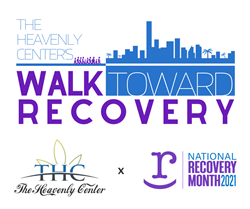 Walk Towards Recovery visual to display the event, The Heavenly Center logo, National Recovery Month 2021 logo