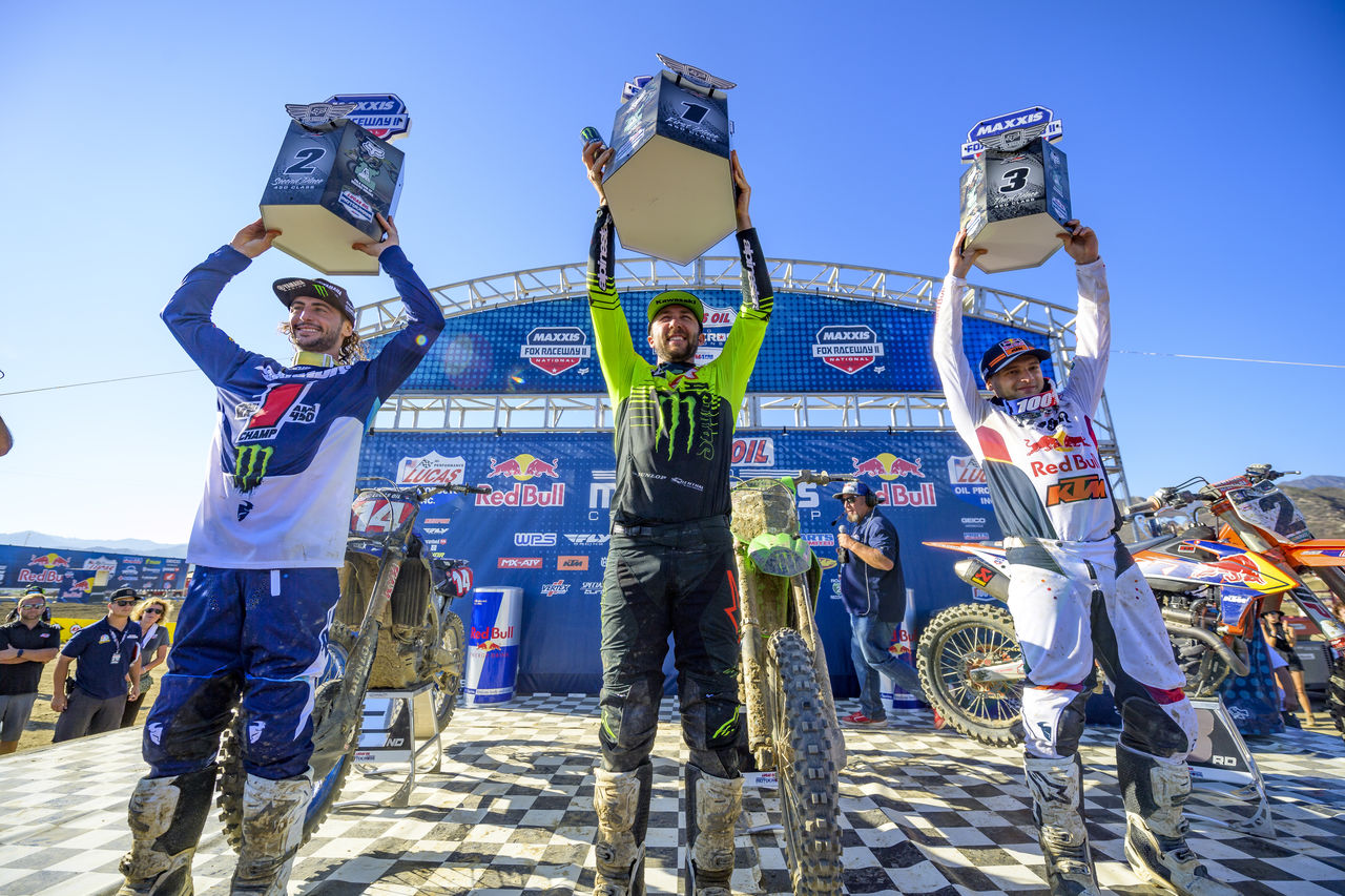 Monster Energy’s Dylan Ferrandis Wins 2021 Lucas Oil Pro Motocross 450 Class Title Championship and Takes Second in The 450 Fox Raceway National II. Teammate Eli Tomac Wins National II 450 Class Race.