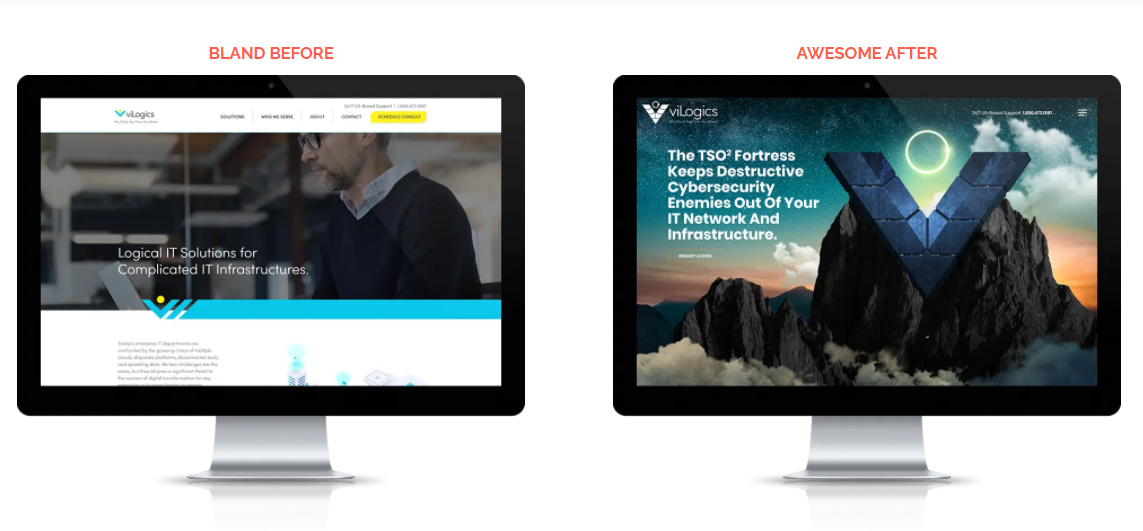 Before and After: This shows the website transformation and rebranding of viLogics by Lounge Lizard Worldwide.