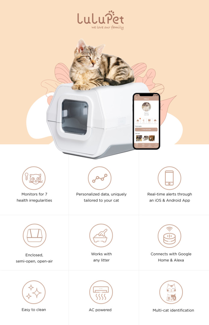 LuluPet is a smart litter box that detects symptoms of cat illnesses using artificial intelligence.