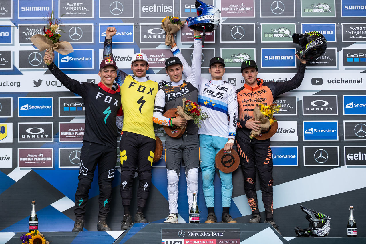 Monster Energy's Loris Vergier Finishes in 3rd Place and Mark Wallace Takes 5th in the Elite Men Division Race One at UCI Downhill Mountain Bike World Cup Finals in Snowshoe, West Virginia