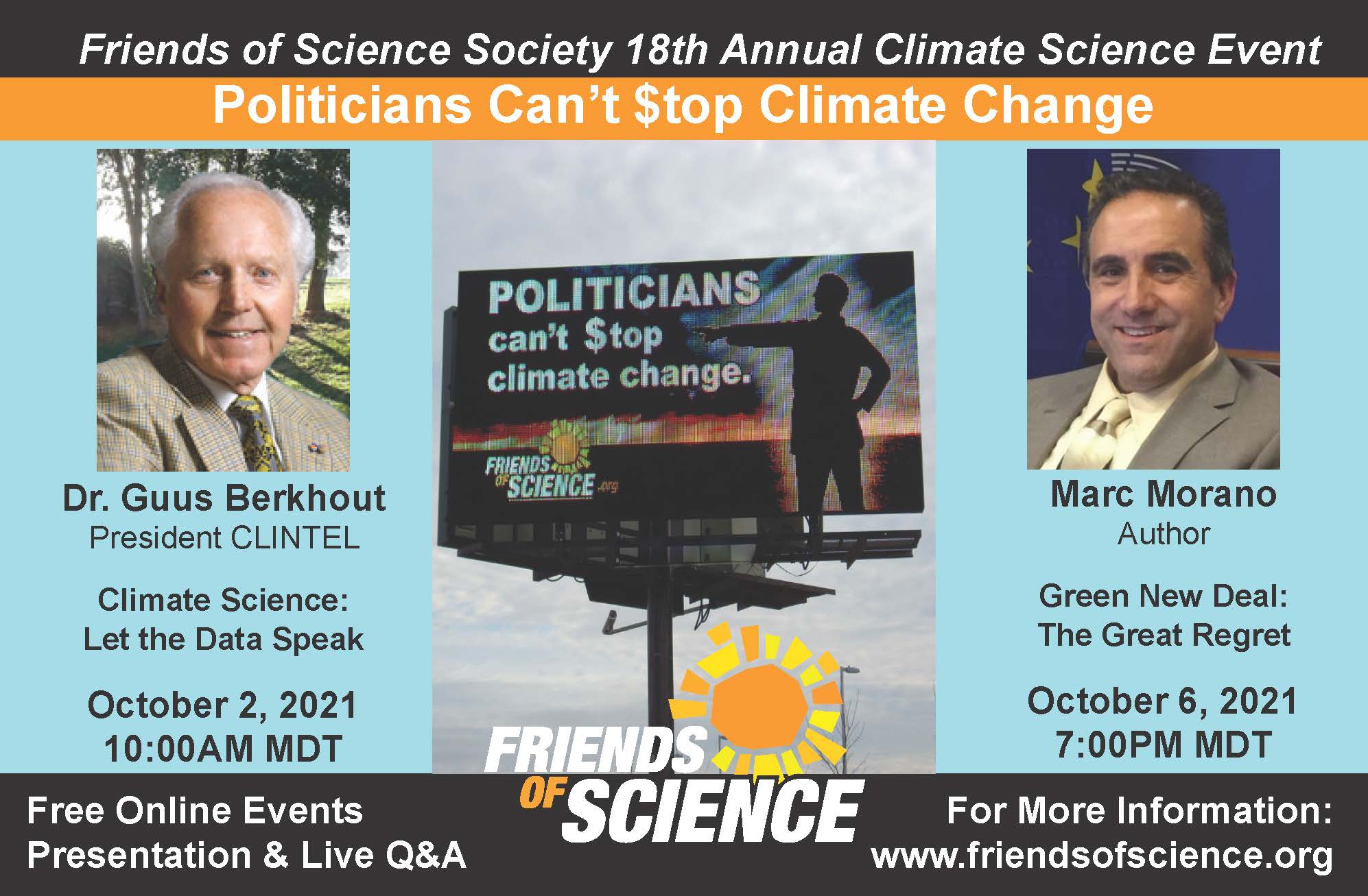 "Politicians Can't Stop Climate Change" - Friends of Science Society's 18th Annual Event - Online Oct. 2 & 6, 2021