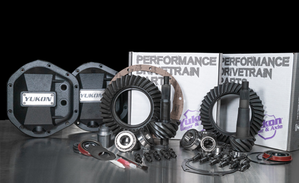 Yukon Axle Stage 2 Re-Gear Kits consist of front and rear Yukon ring and pinion gear sets, installation kits, and front and rear Yukon Hardcore Diff Covers.