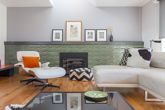 A view of the remodeled living room fireplace