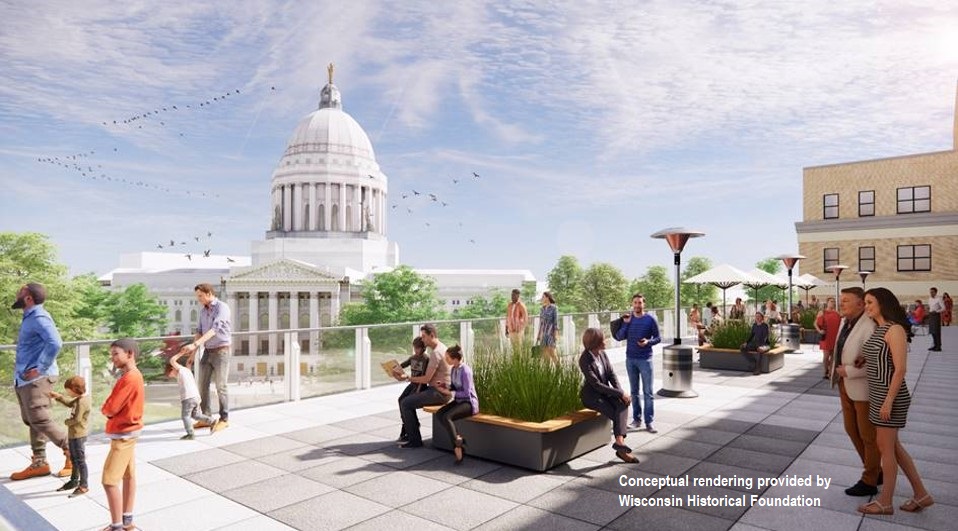 Conceptual rendering with rooftop view from the Wisconsin Historical Museum, provided by the Wisconsin Historical Foundation