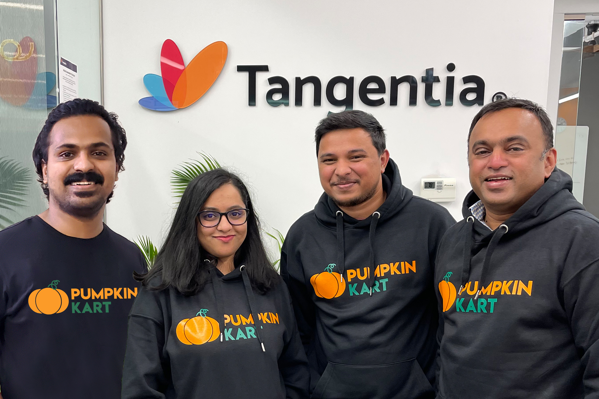 From the left: Pumpkin Kart co-founders Visal Varghese (CTO), Sanila Sebastian (Creative Head), Philip Correya (CEO) with Vijay Thomas (CEO, Tangentia Ventures)