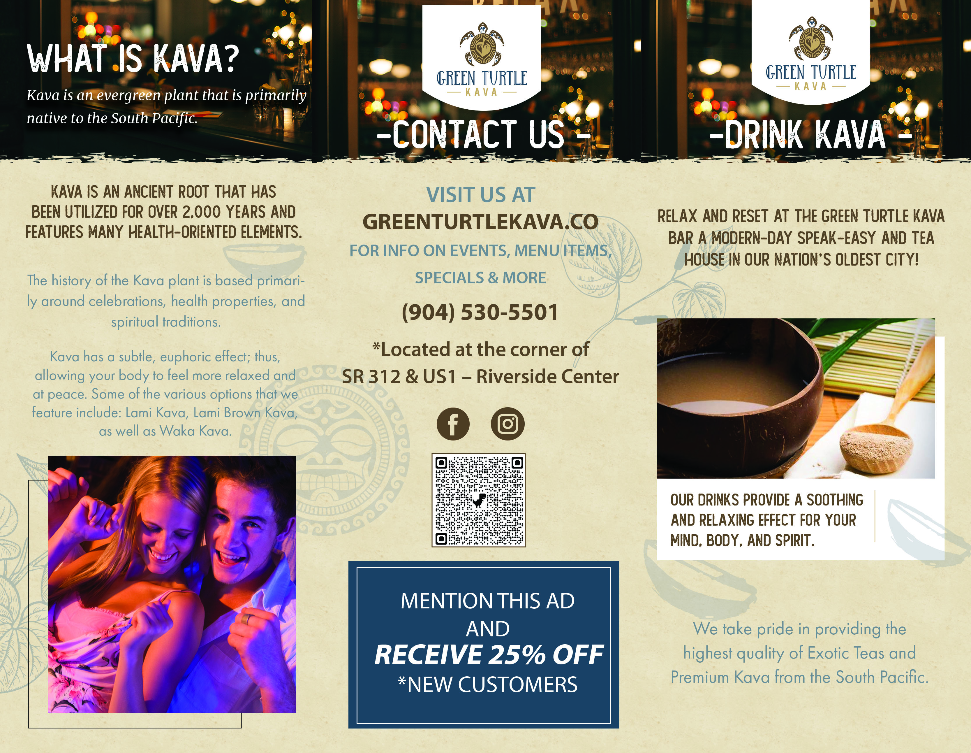 Green Turtle Kava Bar brochure with QR code and promotion