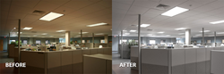 A comparison showing the before and after when transitioning from fluorescent to LED tubes in troffer drop ceiling light fixtures