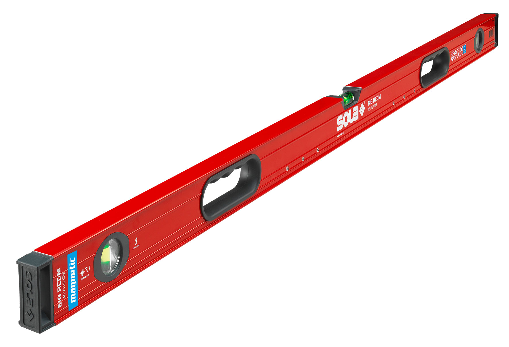 The SOLA magnetic spirit levels BIG REDM with two handles are available in lengths of 36, 48, 59, 72 and 78 inches.