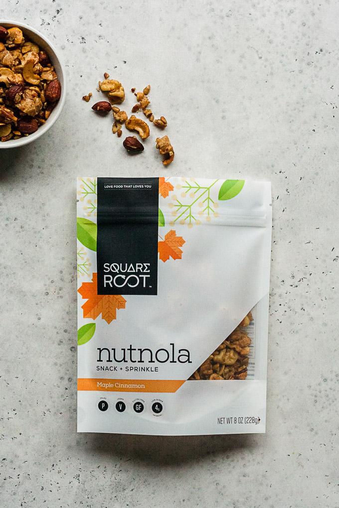Square Root's Maple Cinnamon Nutnola is certified gluten-free, grain free, paleo, vegan, dairy free, refined sugar-free, and non-gmo.