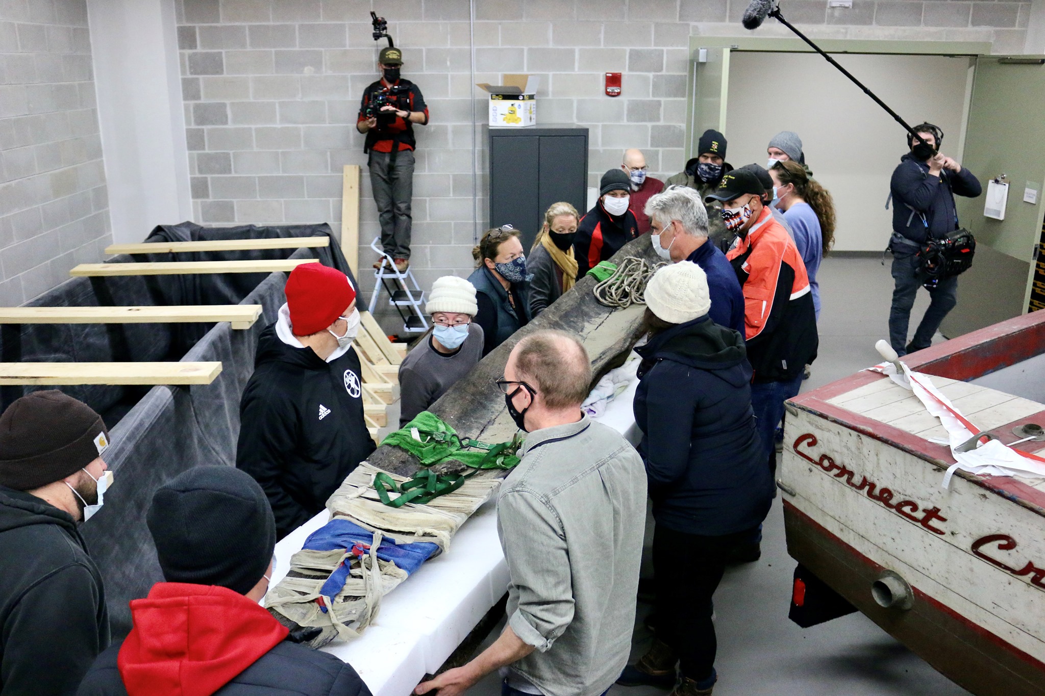 The canoe was recovered in Lake Mendota and was later transferred to the State Archive Preservation Facility in Madison, WI. The canoe was placed into a custom-built container for preservation.