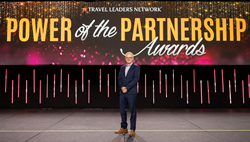 David Crooks, senior vice president of product & operations for World Travel Holdings accepting the 2021 Travel Leader's Network President's Award at EDGE Conference