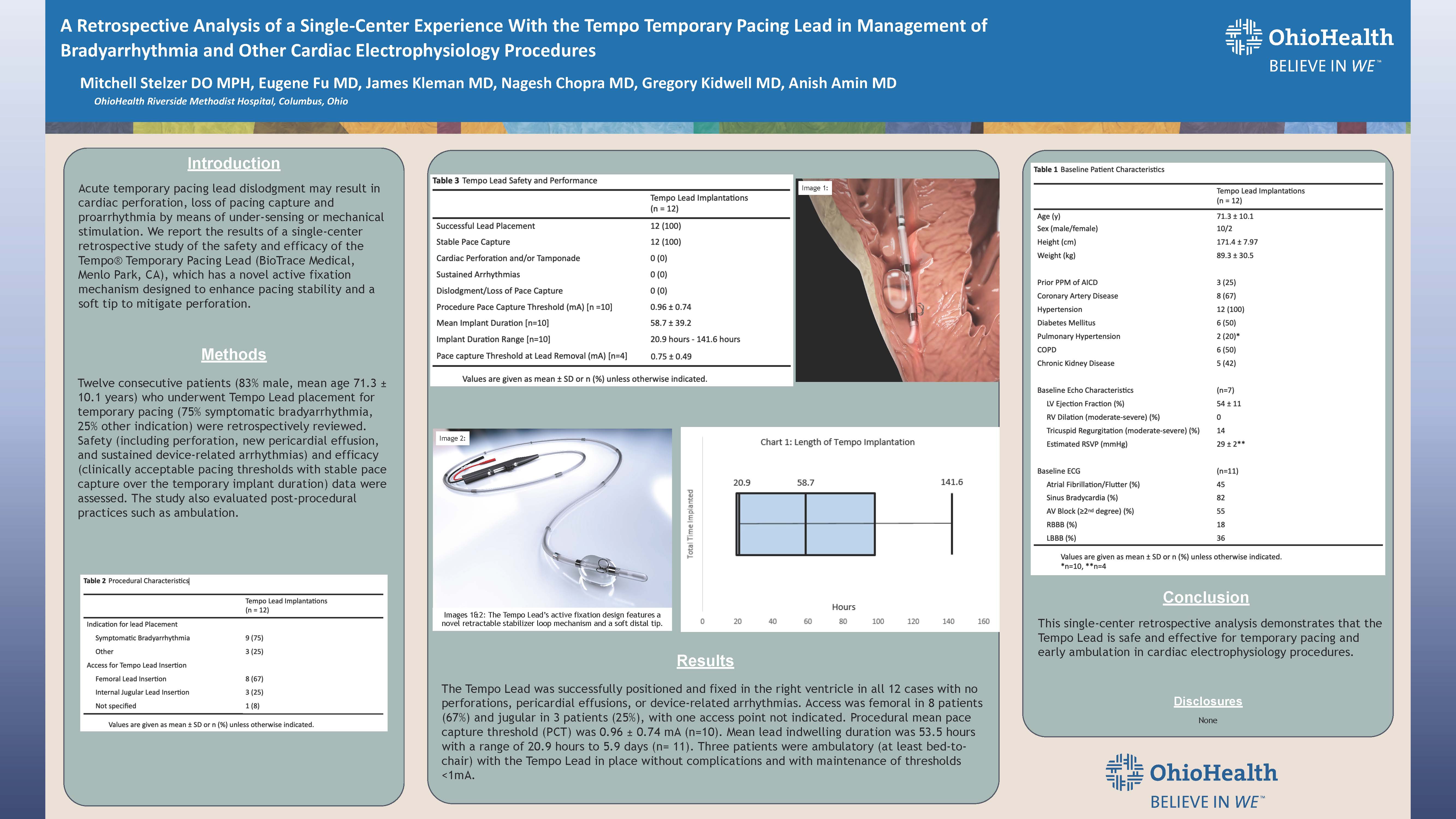 Poster image P1039 - A Retrospective Analysis of a Single-Center Experience With the Tempo Temporary Pacing Lead in Management of Bradyarrhythmia and Other EP Procedures