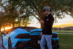 Nate Graham next to blue matter Lamborghini Huracan Evo Spyder at Valley Forge National Historical Park