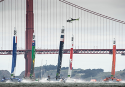 F50 sail boats race in San Francisco Bay.