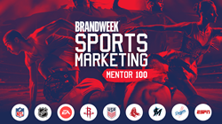 Brandweek Sports Marketing Mentor 100 logo with artistic photographs of athletes in the background and the logos for NFL, NHL, EA, Houston Rockets, U.S. Soccer Federation, Boston Red Sox, Miami Marlins, LA Dodgers and ESPN