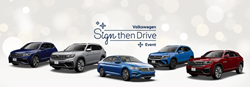 Volkswagen Models on Winter Snow Background with Blue Volkswagen Sign Then Drive Event Text