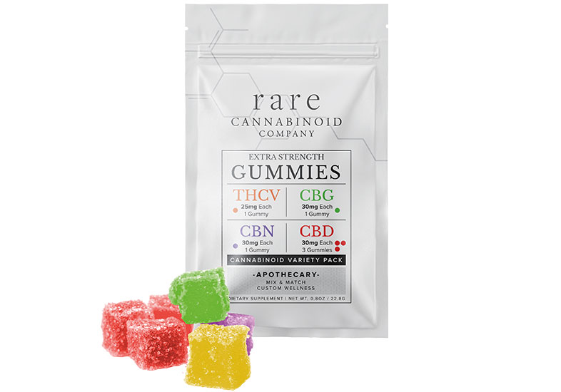 Rare Cannabinoid Company Gummies Variety Packet contains three 30mg CBD gummies, one 25mg THCV gummy, one 30mg CBN gummy, and one 30mg CBG gummy.