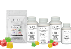 Rare Cannabinoid Company's THCV, CBN, CBG, and CBD gummies in bottles and a variety packet of all gummies.