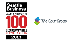 Seattle Business Magazine's 2021 100 Best Companies to Work For logo next to The Spur Group's logo.