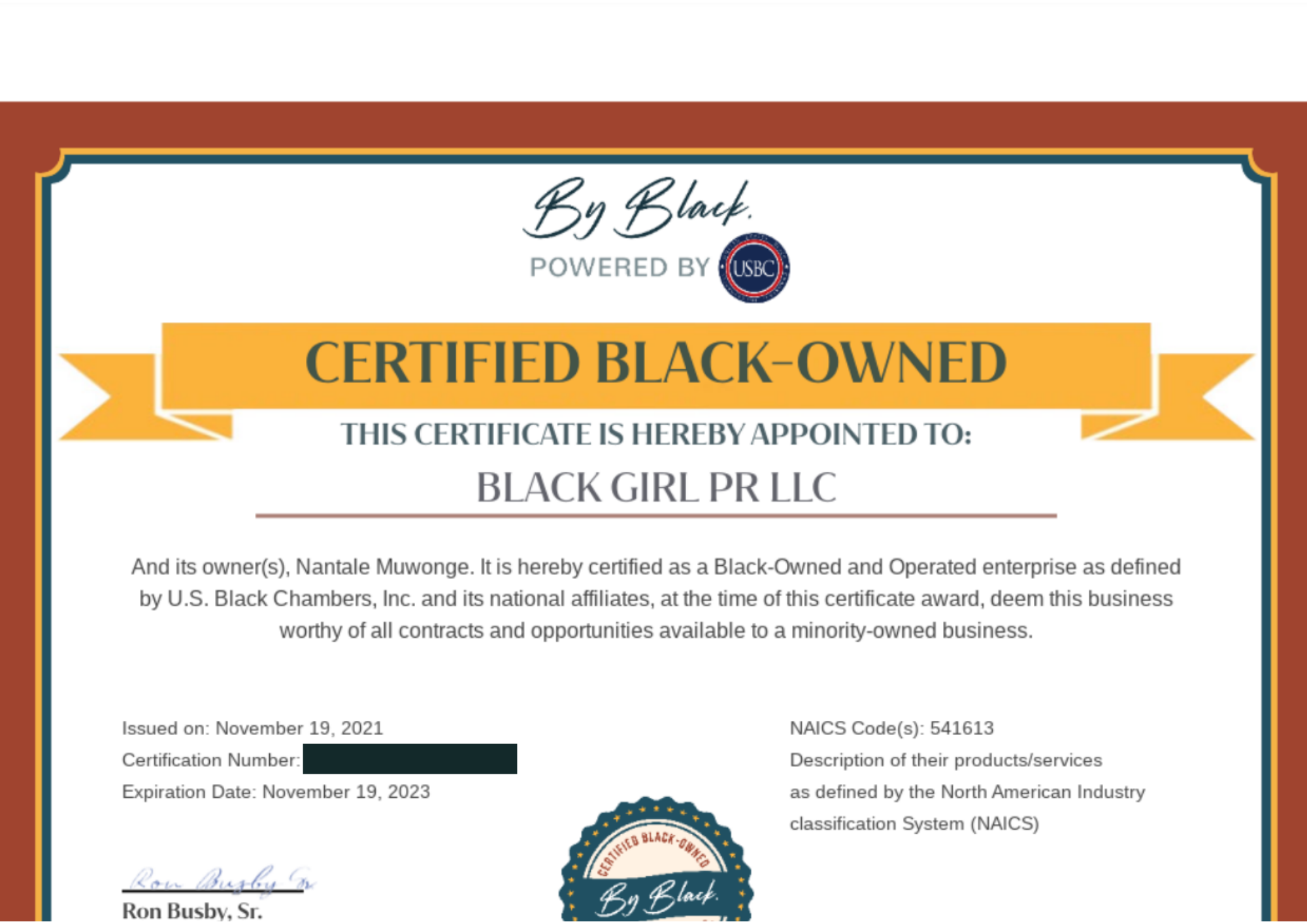 Black Girl PR's ByBlack certificate