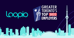 Loopio's logo, next to the GTA Top Employer's award winner badge, over a skyline of Toronto.