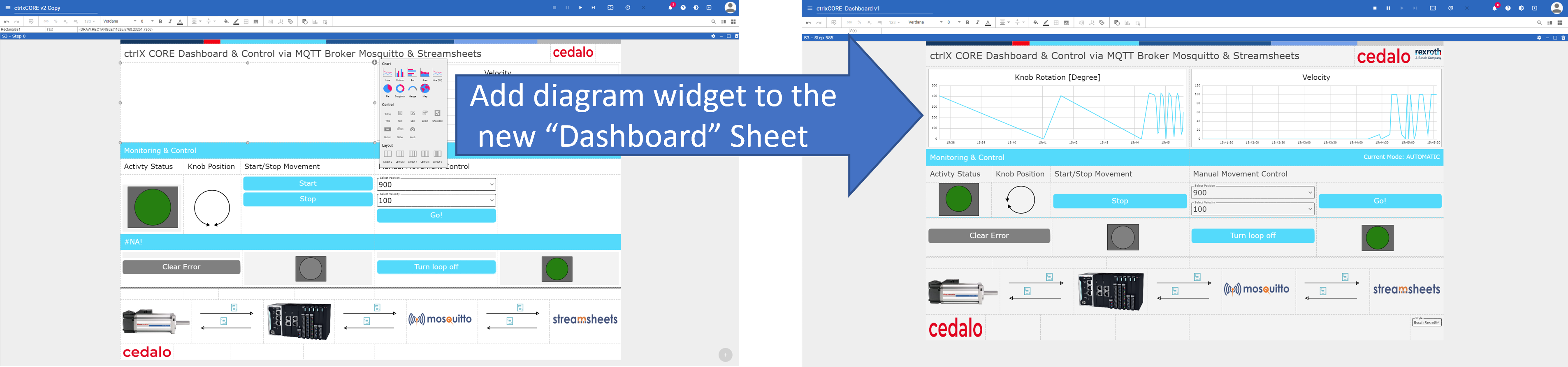 Figure 1 - The new sheet type "Dashboard" in Streamsheets 2.5 offers a grid matrix to add widgets, data, and graphs.